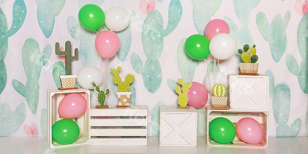 Kate Cake Smash Summer Backdrop with Cactus Balloons Designed by Emetselch - Kate Backdrop AU