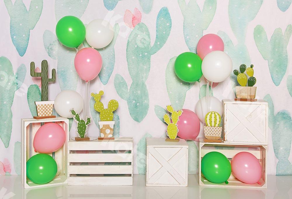 Kate Cake Smash Summer Backdrop with Cactus Balloons Designed by Emetselch - Kate Backdrop AU