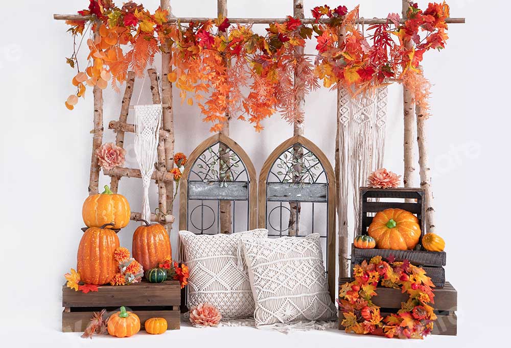 Kate Autumn Pumpkin Maple Leaf Boho Backdrop Designed by Emetselch