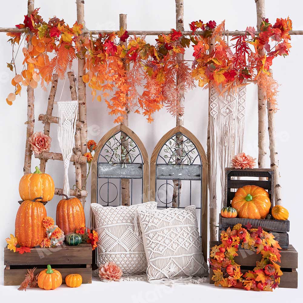 Kate Autumn Pumpkin Maple Leaf Boho Backdrop Designed by Emetselch