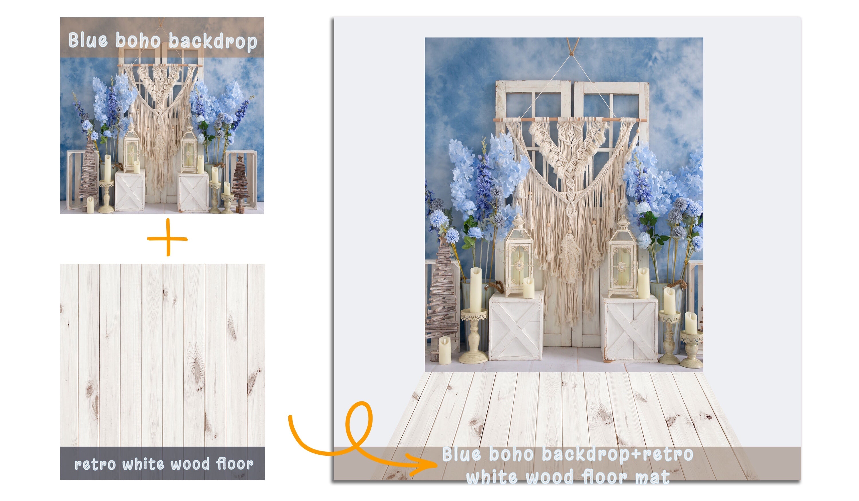 Kate 8x8ft Boho Blue Backdrop + 5x8ft Retro White Wood Rubber Floor Mat for Photography - Kate Backdrop AU