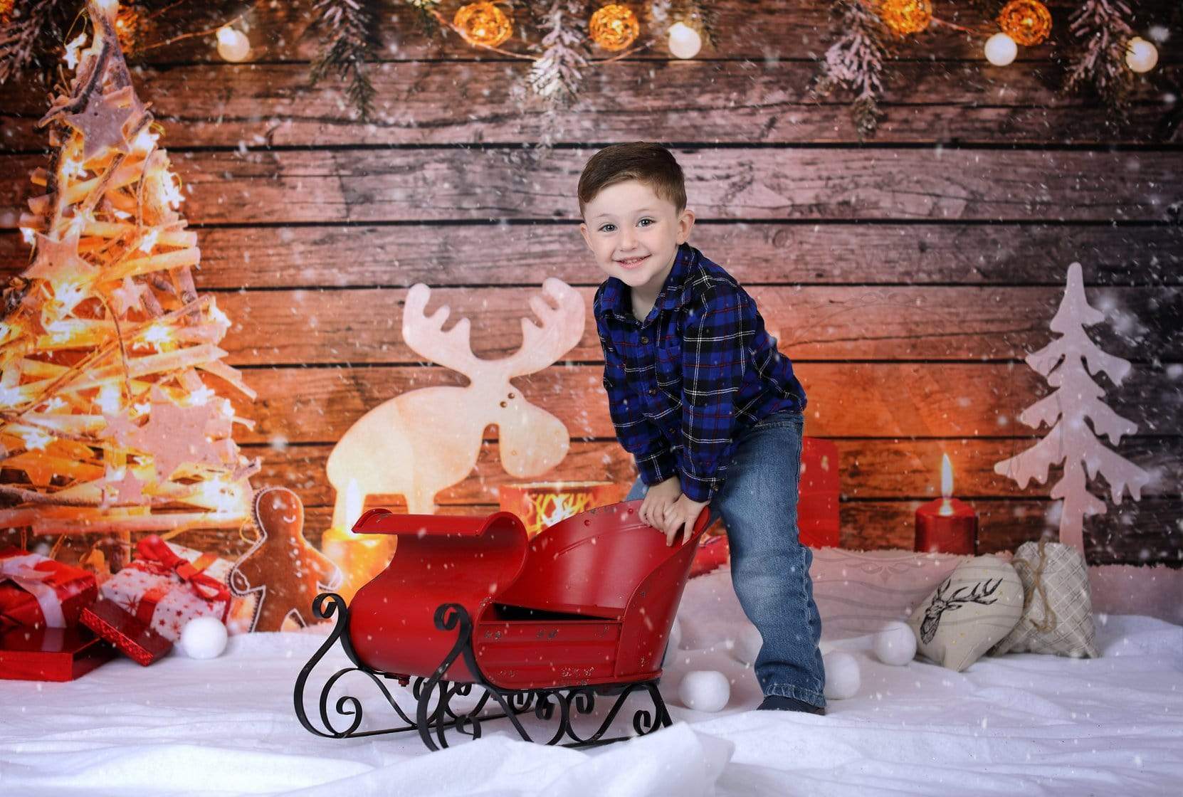 Kate Christmas Photo Backdrop Snow Wooden Light Wall - Kate Backdrop AU