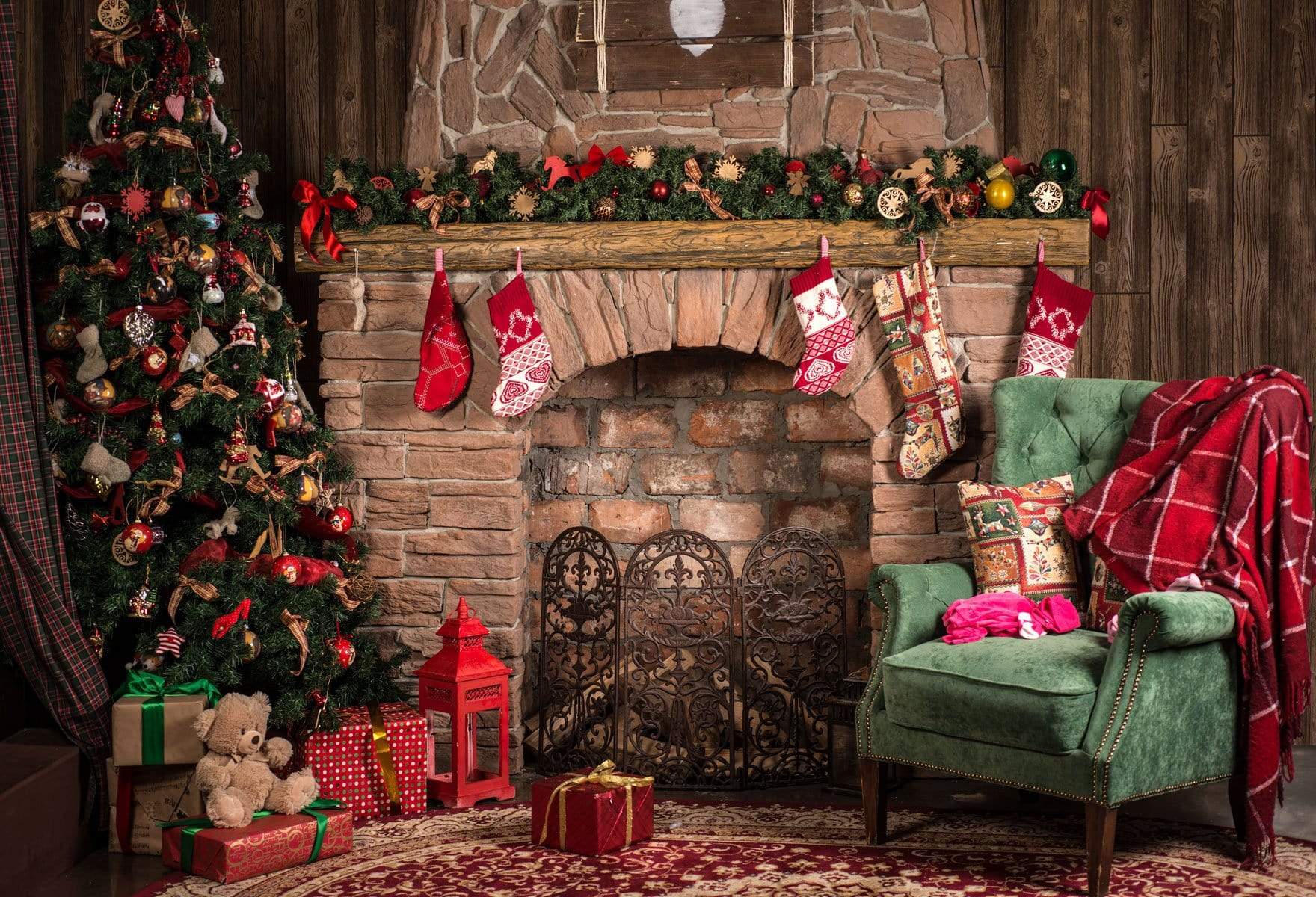 Kate Christmas Fireplace parlor Decorations Backdrop for Photography