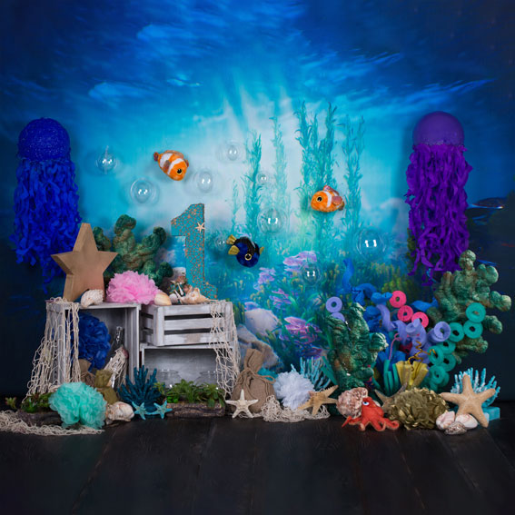 Kate mermaid under sea 1st birthday cake smash summer Backdrop designed by studio gumot