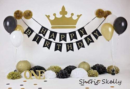 Kate Gold and Black Balloons Royal Birthday Children Backdrop for Photography Designed by Sherie Skelly