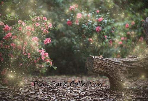 Kate Garden with log bench fairy lights spring Backdrop for Photography Designed by Pine Park Collection