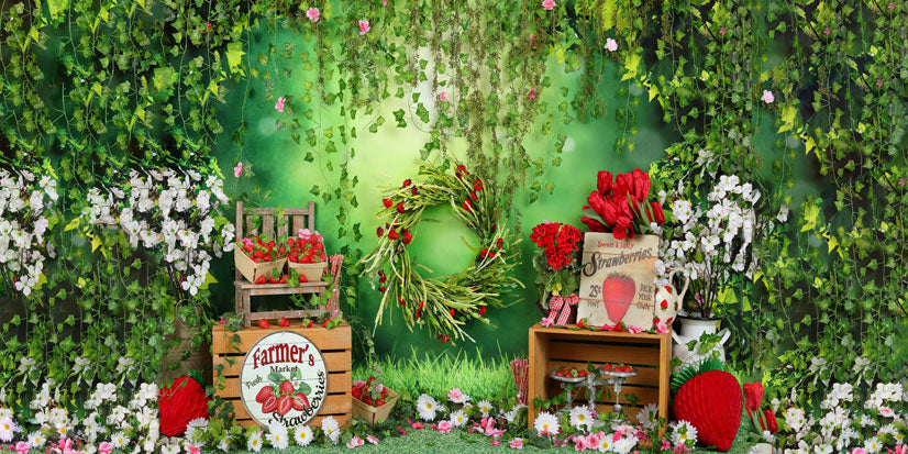 Kate Spring Strawberry and White Flower Green Leaves With Banners Birthday Backdrop for Photography