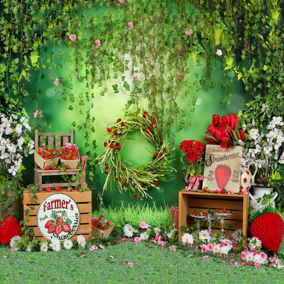 Kate Spring Strawberry and White Flower Green Leaves With Banners Birthday Backdrop for Photography - Kate Backdrop AU