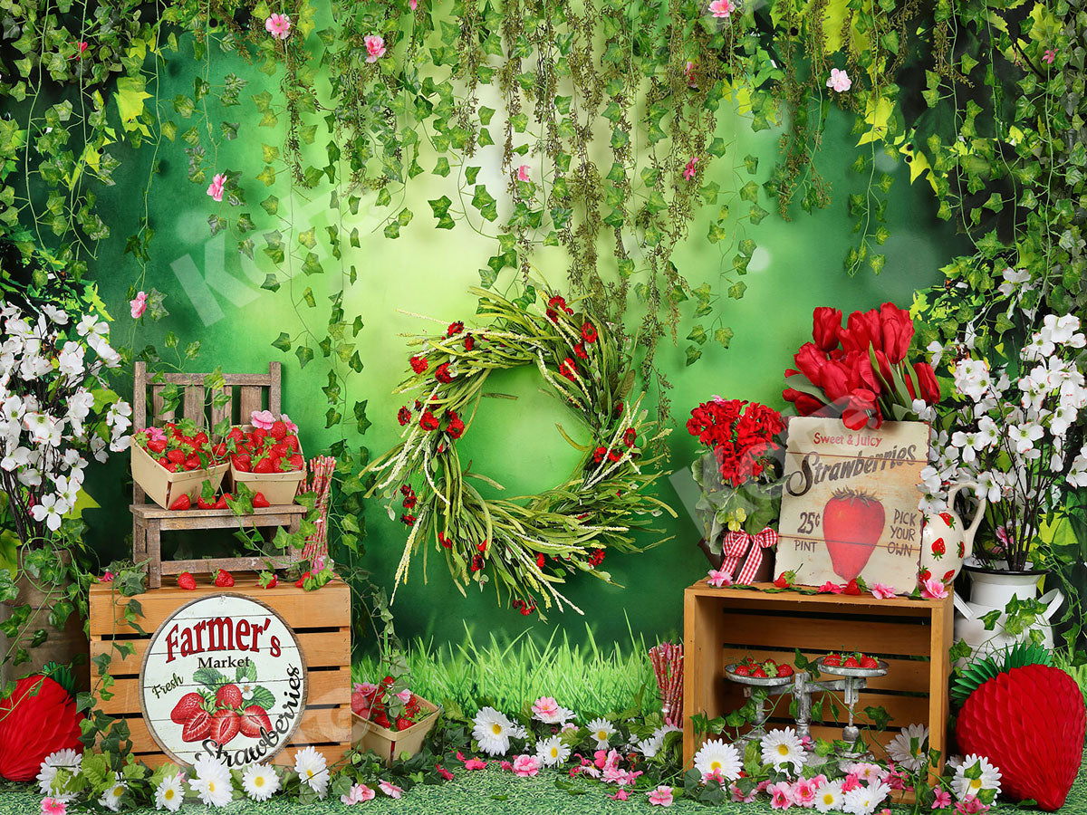 Kate Spring Strawberry and White Flower Green Leaves With Banners Birthday Backdrop for Photography