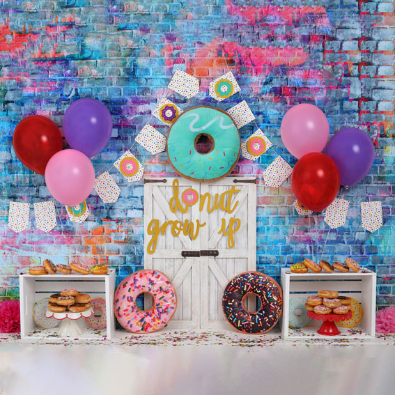 Kate White Door Balloons Banner Do Nut Grow Up Birthday Children Backdrop - Kate Backdrop AU