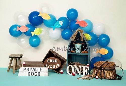 Kate Fish and Balloons Birthday Baby summer Backdrop for Photography Designed by Amberly Ware