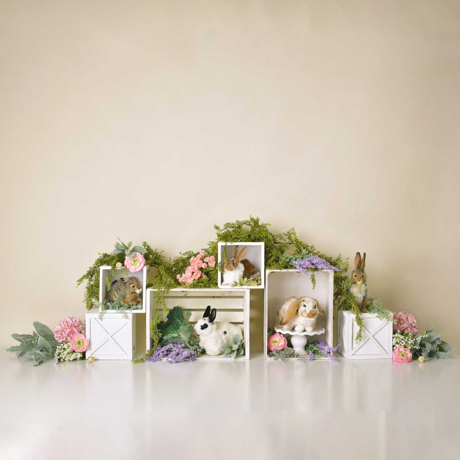 Kate Spring Rabbits Flowers Children Easter Backdrop for Photography Designed by Mandy Ringe Photography