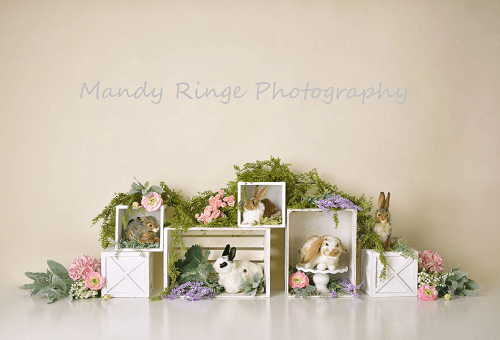 Kate Spring Rabbits Flowers Children Easter Backdrop for Photography Designed by Mandy Ringe Photography