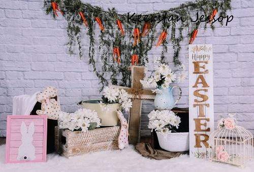 Kate Brick Wall with Carrots Banners Easter Backdrop for Photography Designed by Keerstan Jessop