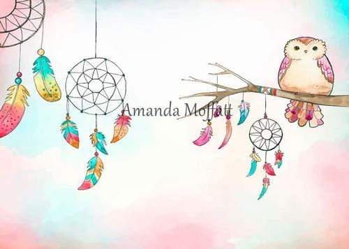 Kate Colored Feather Boho Owl Dreams Backdrop for Photography Designed by Amanda Moffatt - Kate Backdrop AU
