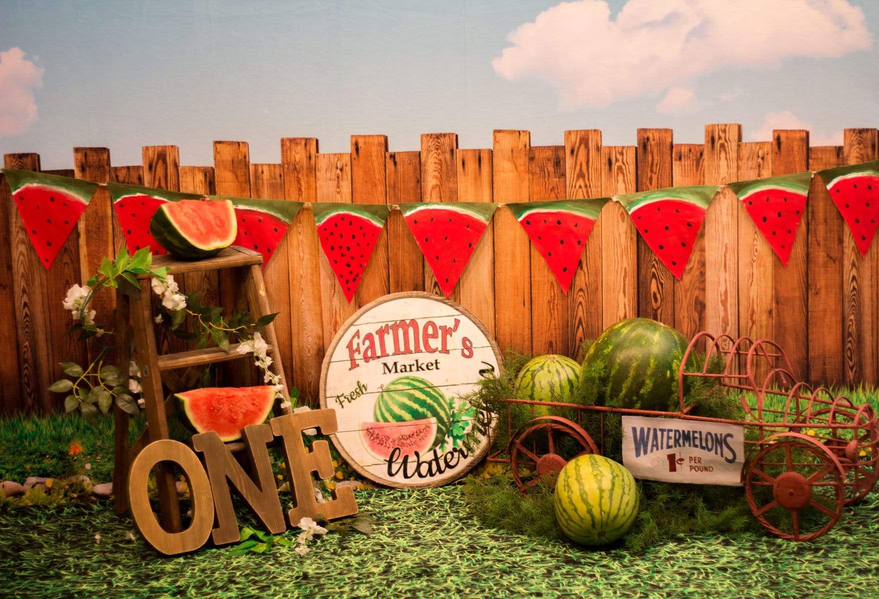 Kate Sunset Fence With Watermelons Birthday Backdrop for Photography Designed by Stephanie Gabbard