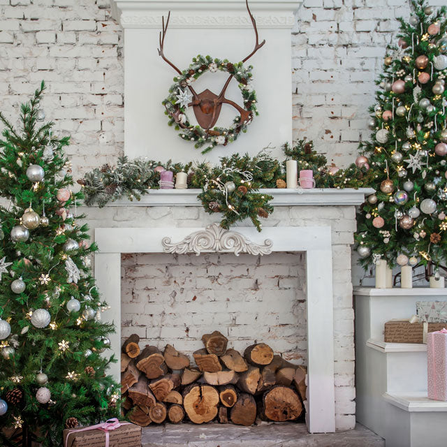 Kate Christmas Tree with Fireplace White Brick Wall Warmful Backdrop for Photography