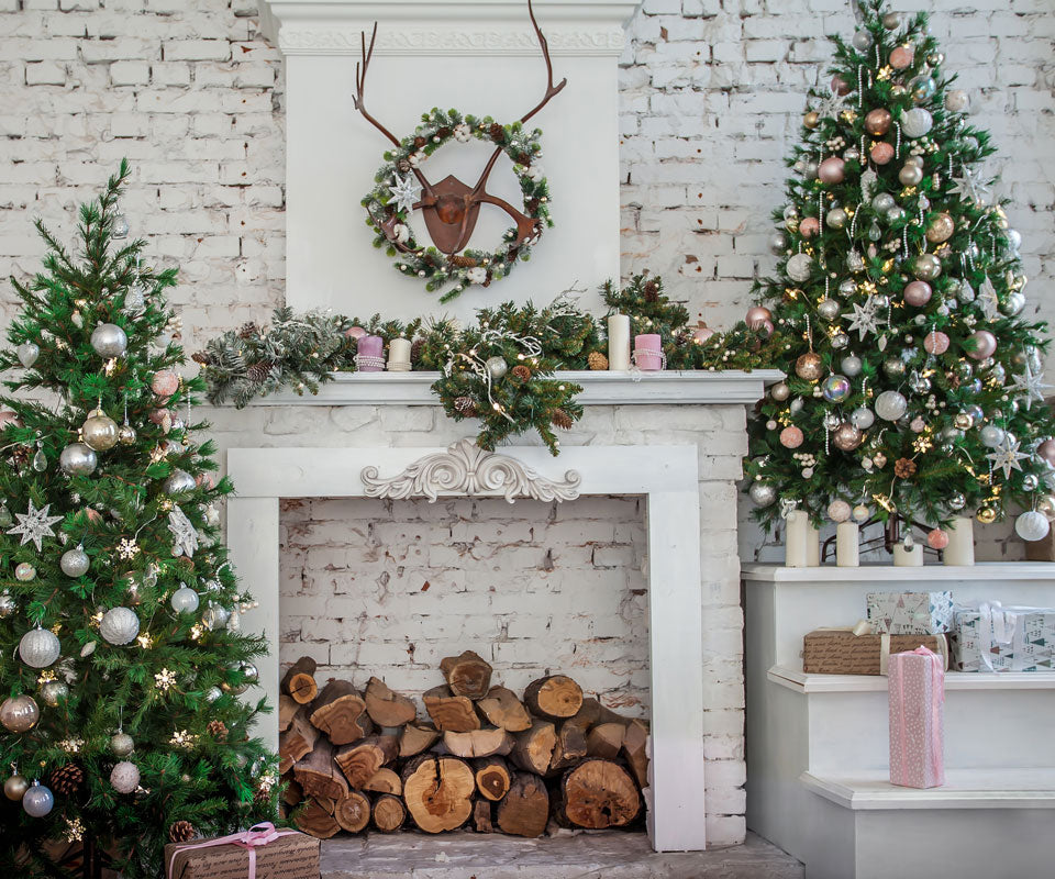 Kate Christmas Tree with Fireplace White Brick Wall Warmful Backdrop for Photography