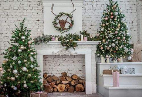 Kate Christmas Tree with Fireplace White Brick Wall Warmful Backdrop for Photography