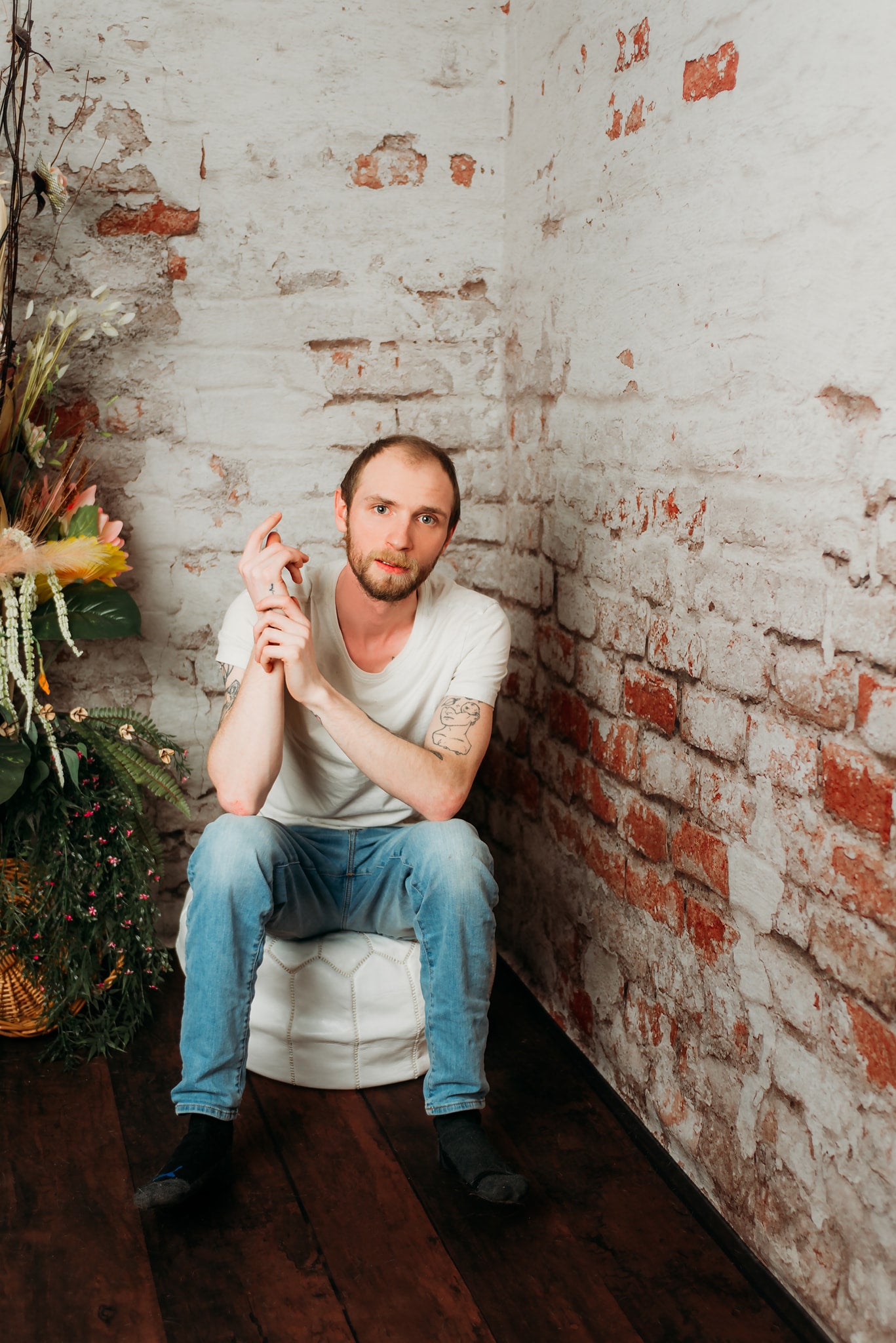 Kate Damaged Brick White Wall  Backdrop for Photography Designed by Pine Park Collection