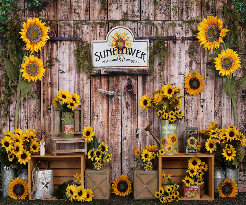 Kate Spring Sunflower Gift Shop Wood Fall Backdrop - Kate Backdrop AU