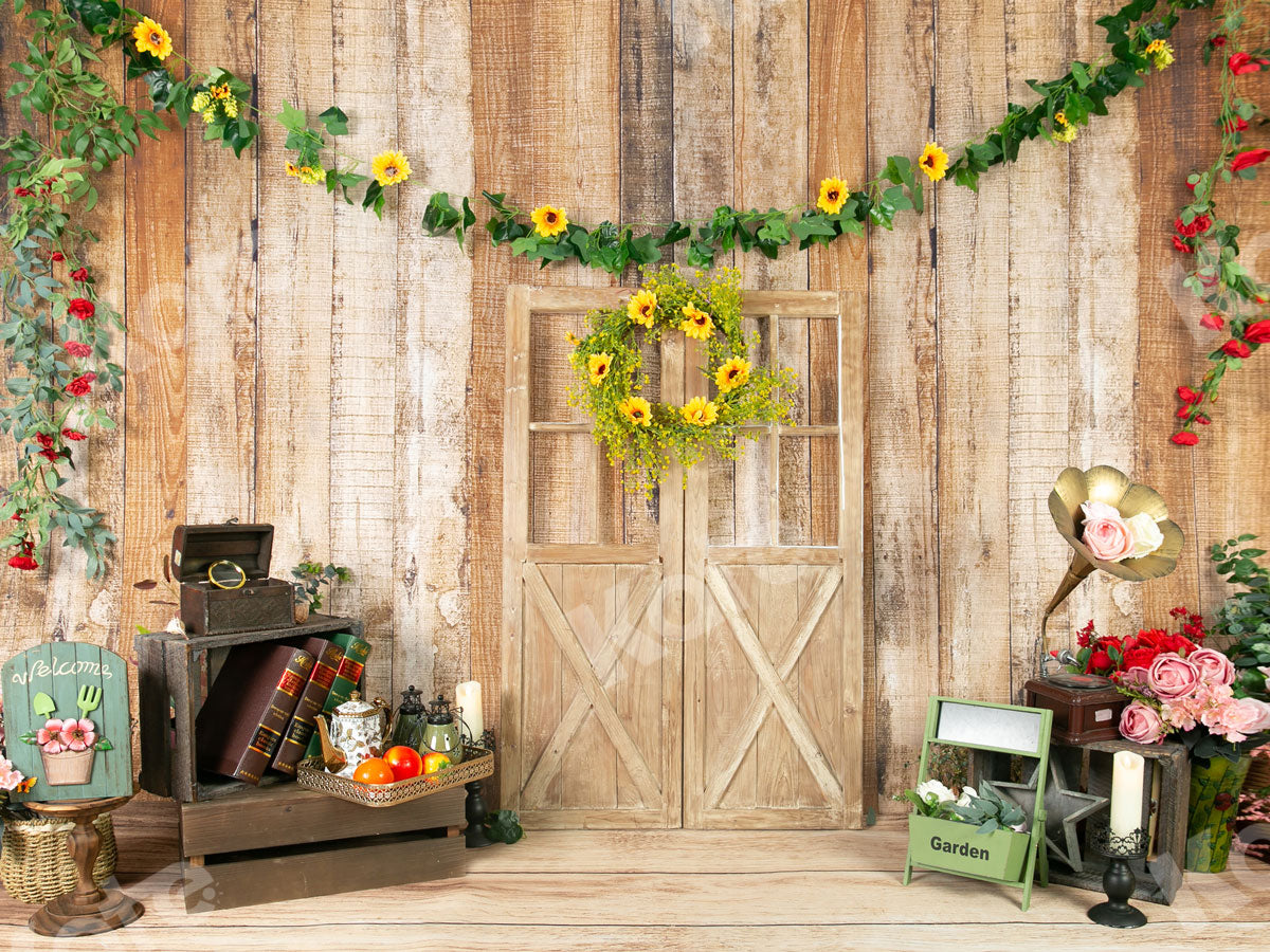 Kate Vintage Wood Door Backdrop with Flower for Photography