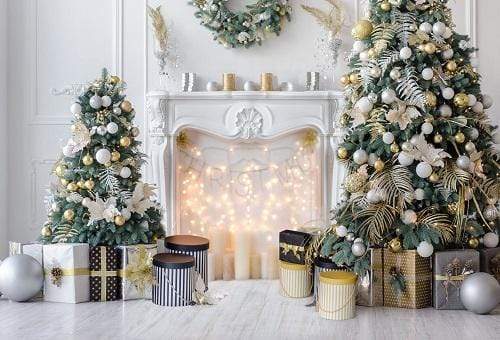 Kate Christmas White Room Pinetrees Gifts Fireplace Decoration Backdrop for Photography