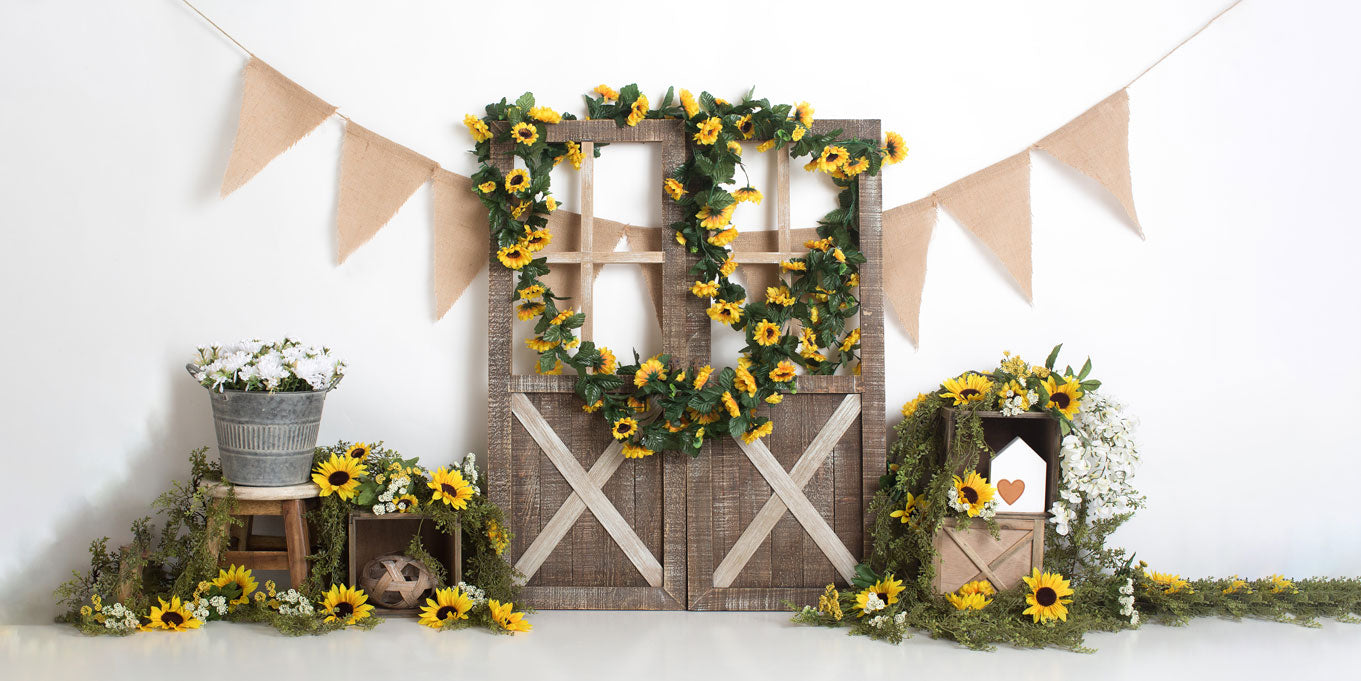 Kate Spring Sunflower Barn Door Decoration Backdrop Designed by Megan Leigh Photography - Kate Backdrop AU