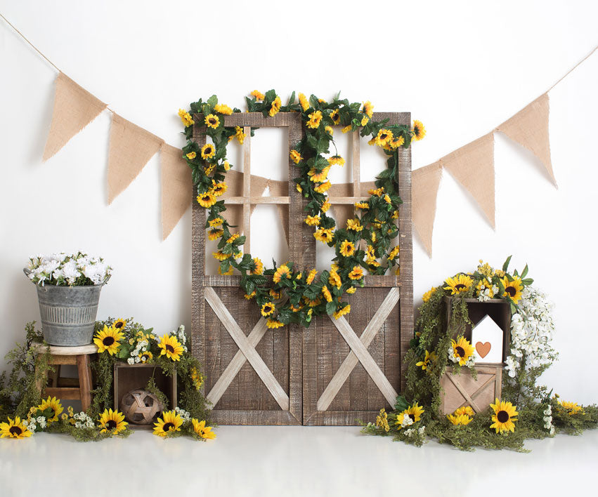 Kate Spring Sunflower Barn Door Decoration Backdrop Designed by Megan Leigh Photography - Kate Backdrop AU