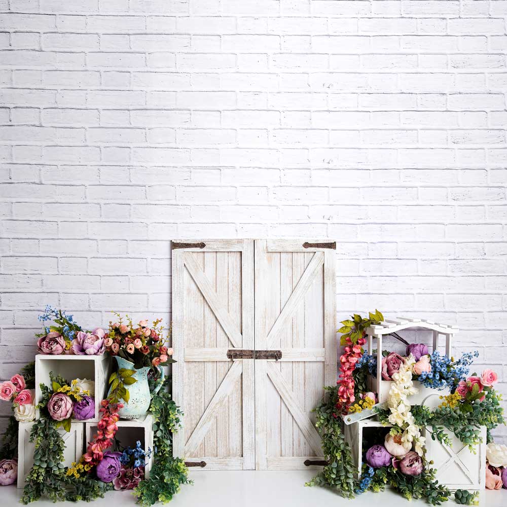 Kate Spring Colorful Flowers Barn Door Backdrop Designed by Megan Leigh Photography - Kate Backdrop AU