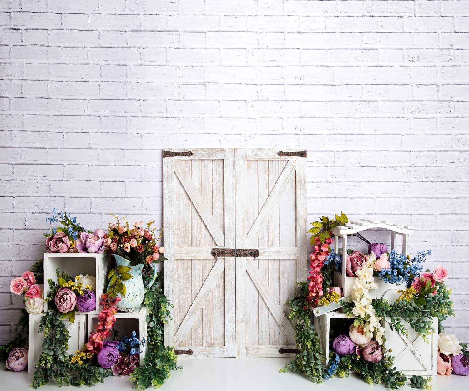 Kate Spring Colorful Flowers Barn Door Backdrop Designed by Megan Leigh Photography - Kate Backdrop AU