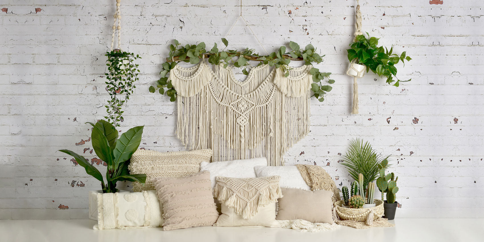 Kate Boho Macrame Floor Pillows with Plants Spring Backdrop Mother's Day Designed By Mandy Ringe Photography