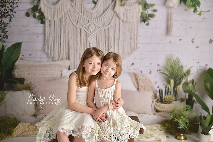 Kate Boho Macrame Floor Pillows with Plants Spring Backdrop Mother's Day Designed By Mandy Ringe Photography - Kate Backdrop AU