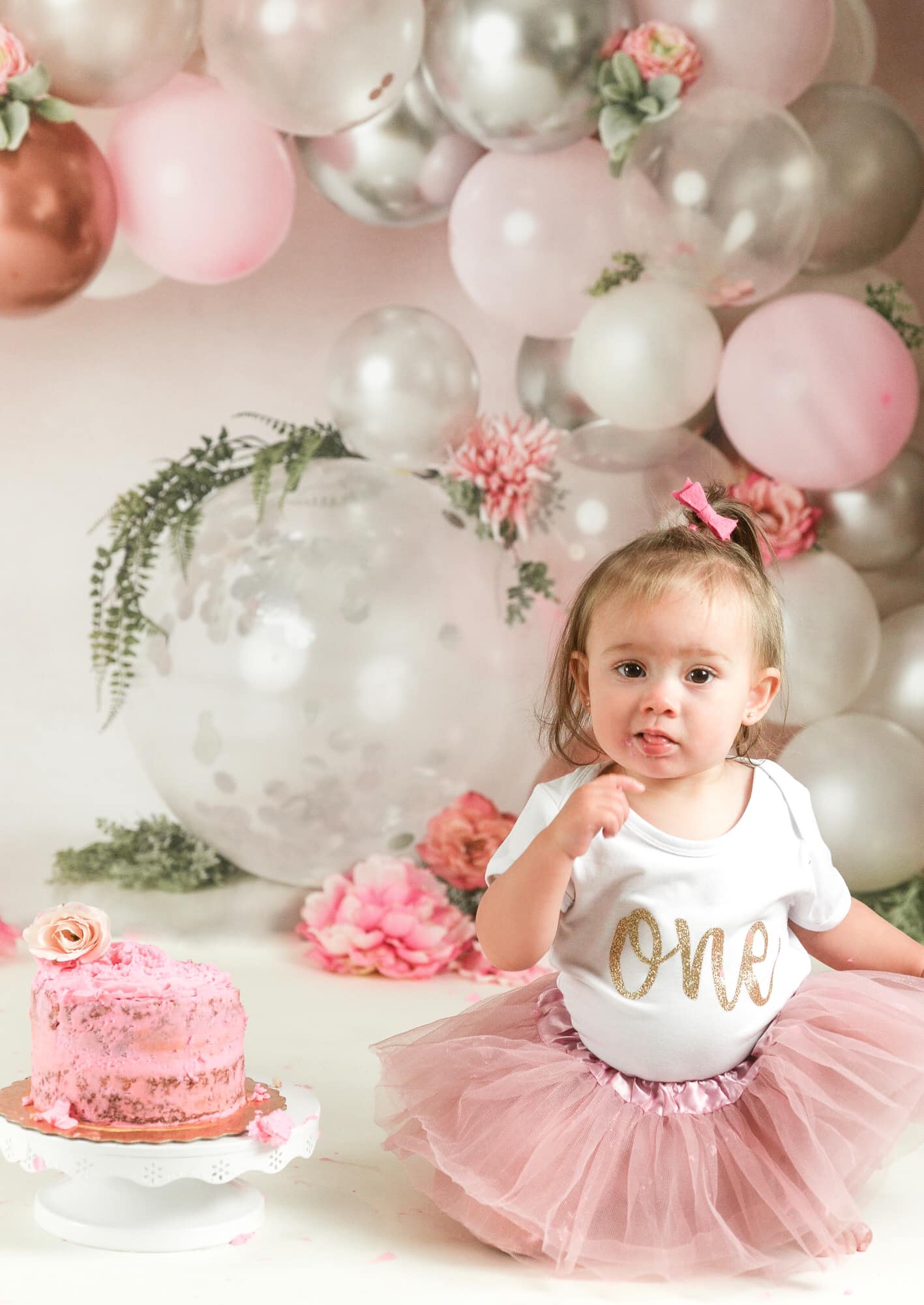 Kate Pink White and Rose Gold Floral Balloon Arch Backdrop Cake Smash Designed by Mandy Ringe Photography