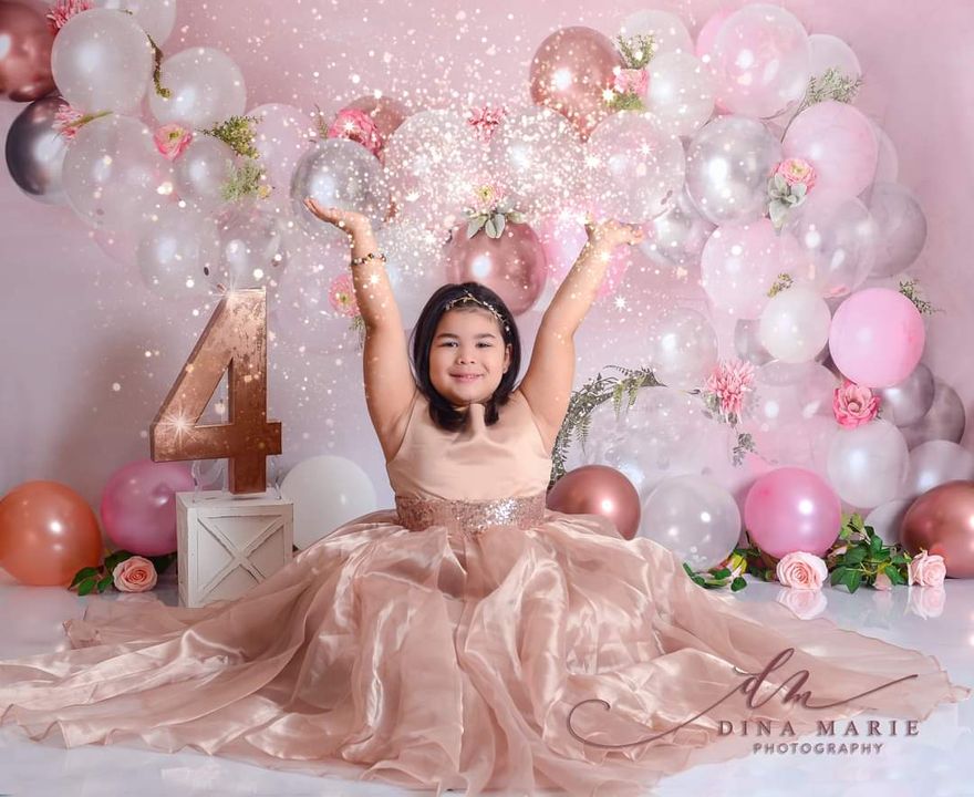 Kate Pink White and Rose Gold Floral Balloon Arch Backdrop Cake Smash Designed by Mandy Ringe Photography