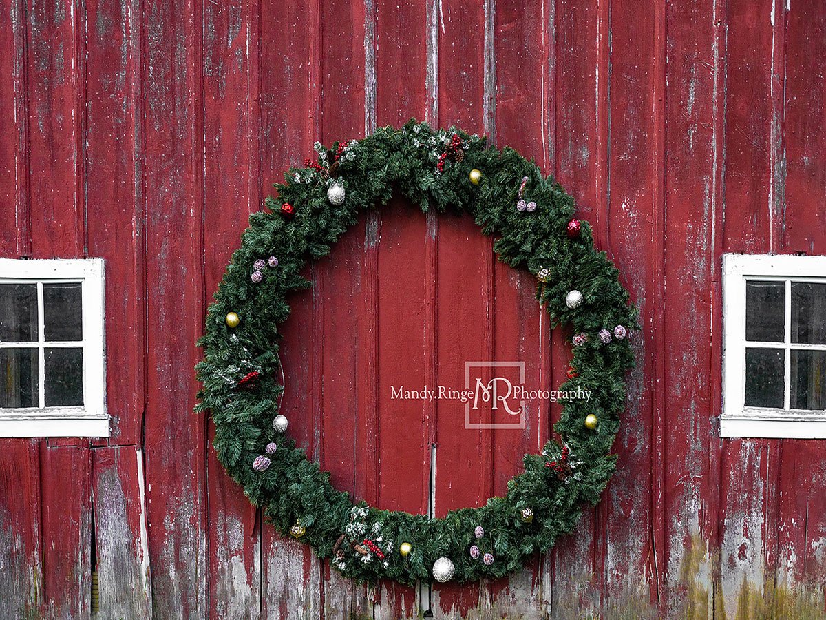 Kate Christmas Wreaths Wood Wall Red Backdrop Designed by Mandy Ringe Photography - Kate Backdrop AU