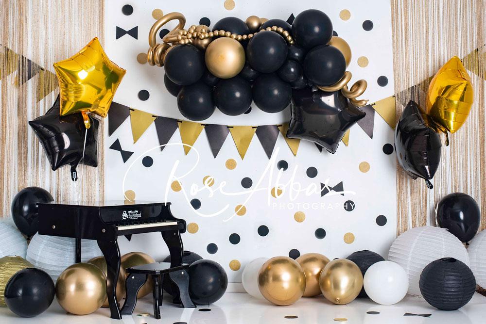 Kate Cake Smash Gold Black Balloons Backdrop Designed by Rose Abbas - Kate Backdrop AU