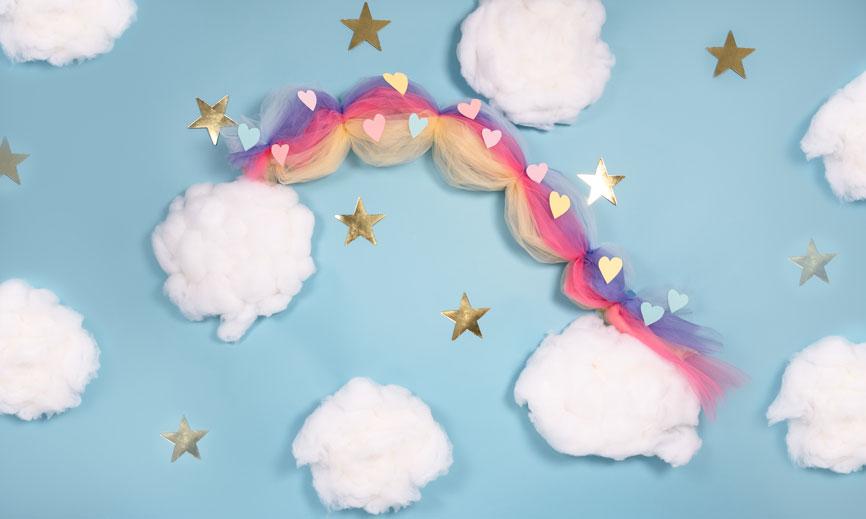 Kate Cake Smash Rainbow Clouds Blue Backdrop Designed By Angela Marie Photography