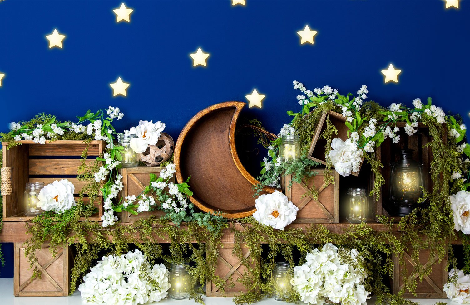 Kate Spring White Flowers Moon Blue Stars Backdrop Designed By Megan Leigh Photography