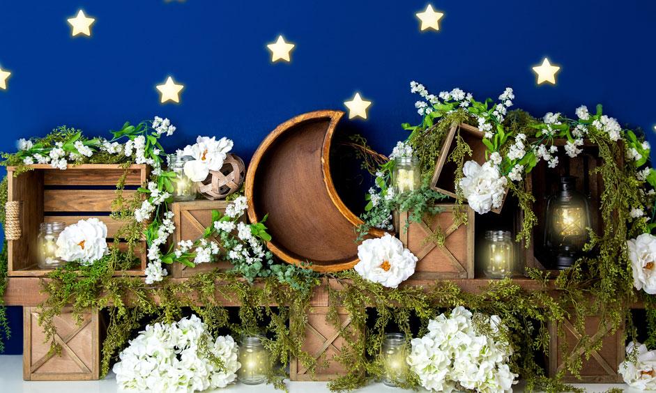 Kate Spring White Flowers Moon Blue Stars Backdrop Designed By Megan Leigh Photography - Kate Backdrop AU