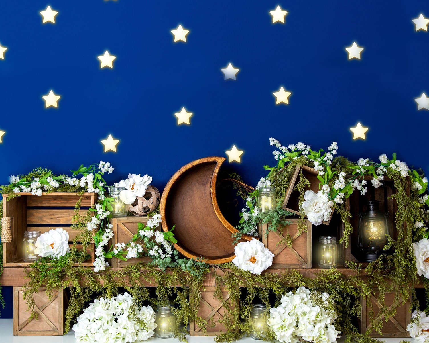 Kate Spring White Flowers Moon Blue Stars Backdrop Designed By Megan Leigh Photography - Kate Backdrop AU