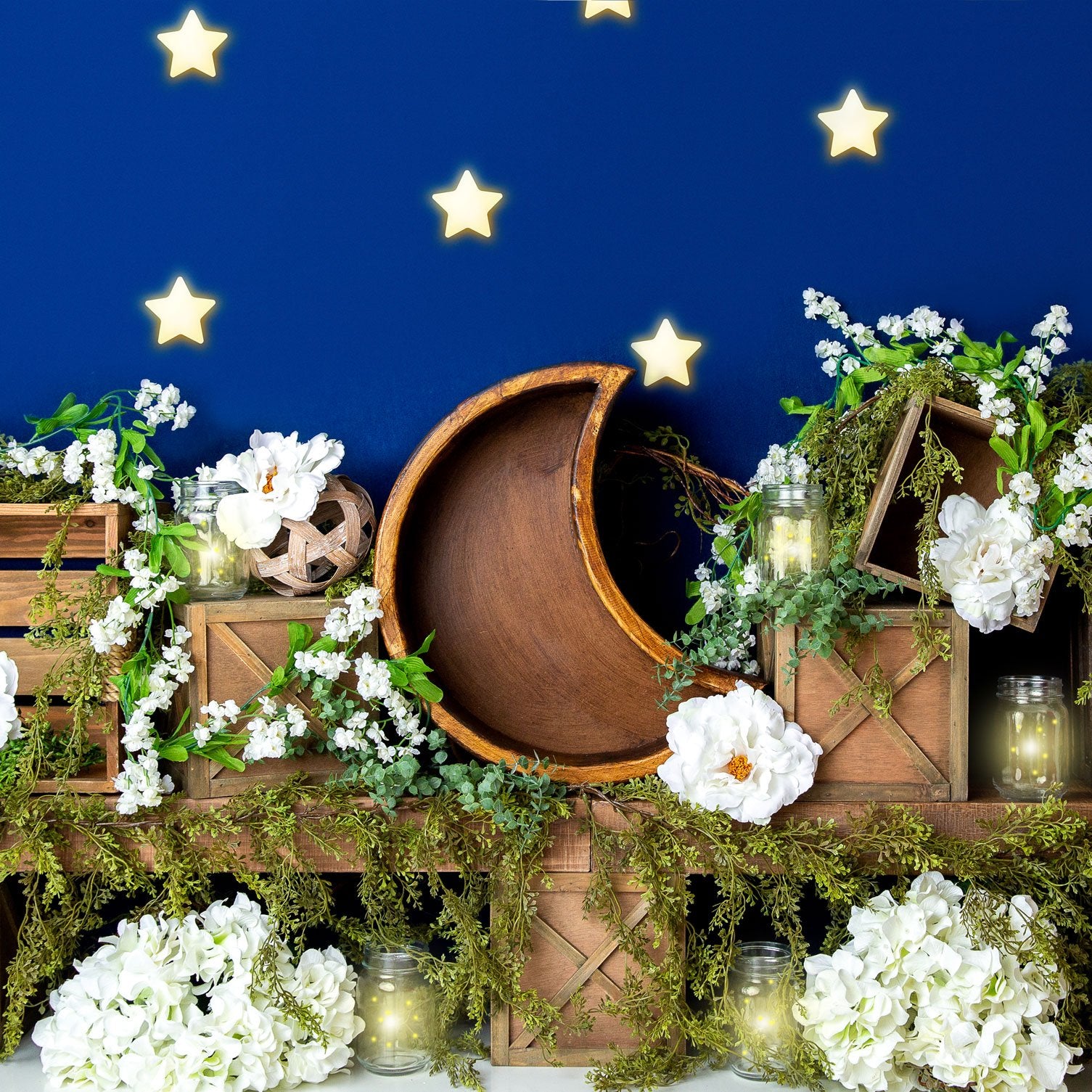 Kate Spring White Flowers Moon Blue Stars Backdrop Designed By Megan Leigh Photography - Kate Backdrop AU