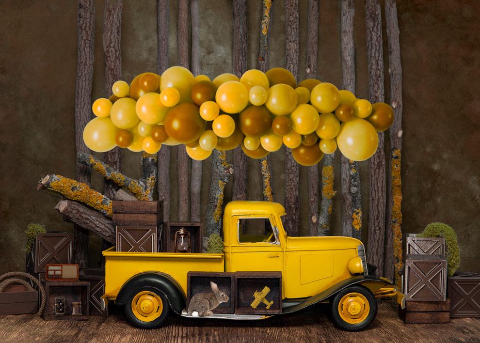 Kate Cake Smash Yellow Balloon Truck Backdrop Designed by Mini MakeBelieve