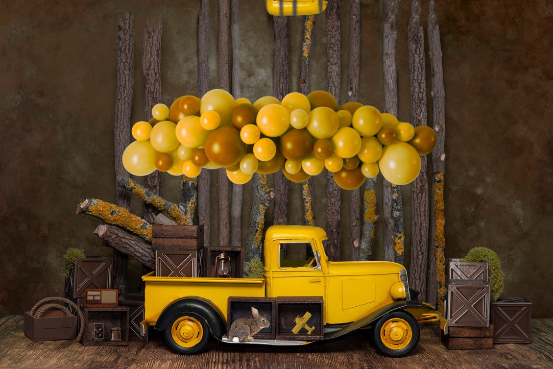 Kate Cake Smash Yellow Balloon Truck Backdrop Designed by Mini MakeBelieve