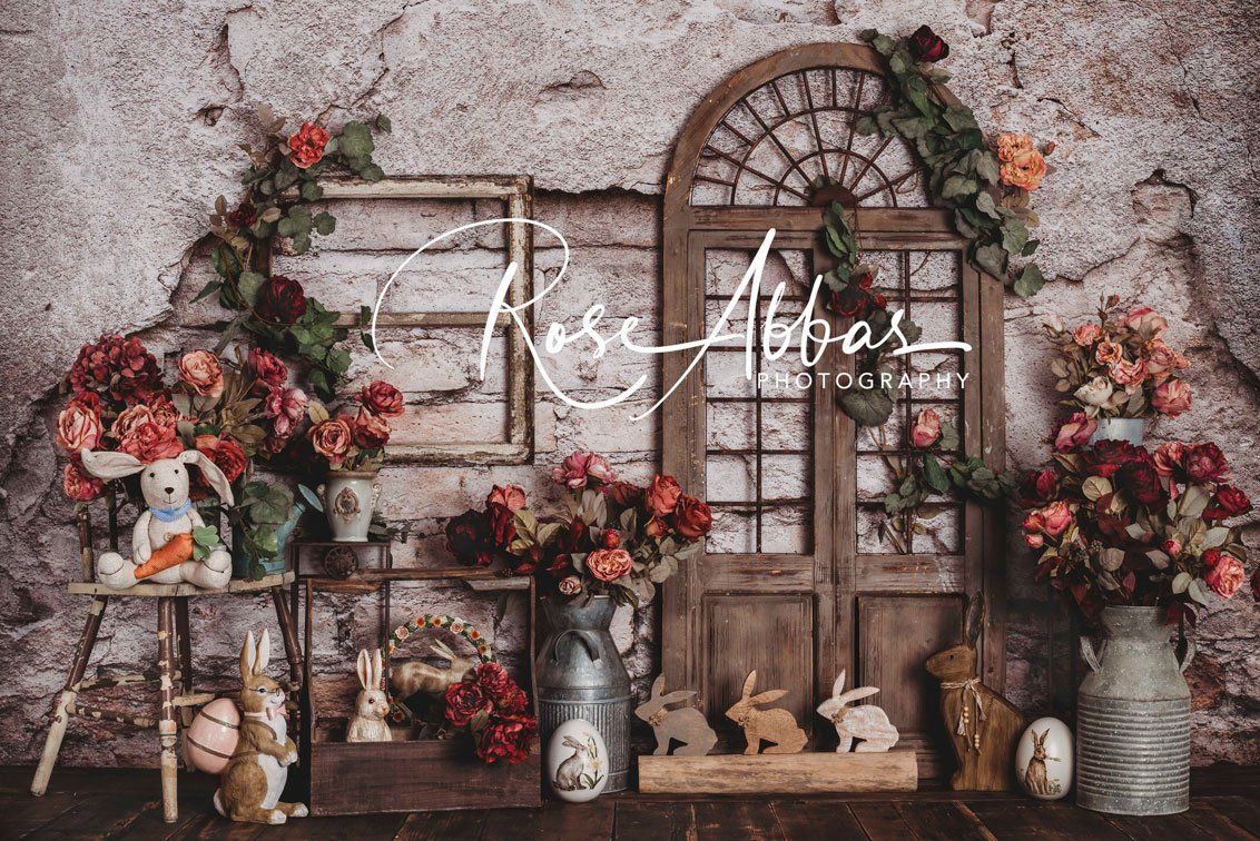 Kate Spring Easter Bunny Red Flowers Backdrop Designed by Rose Abbas