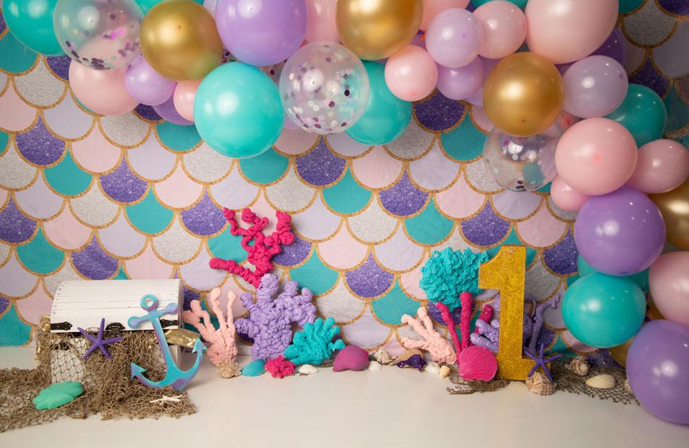 Kate Mermaid 1's Birthday Balloons Backdrop Designed by Jenna Onyia - Kate Backdrop AU