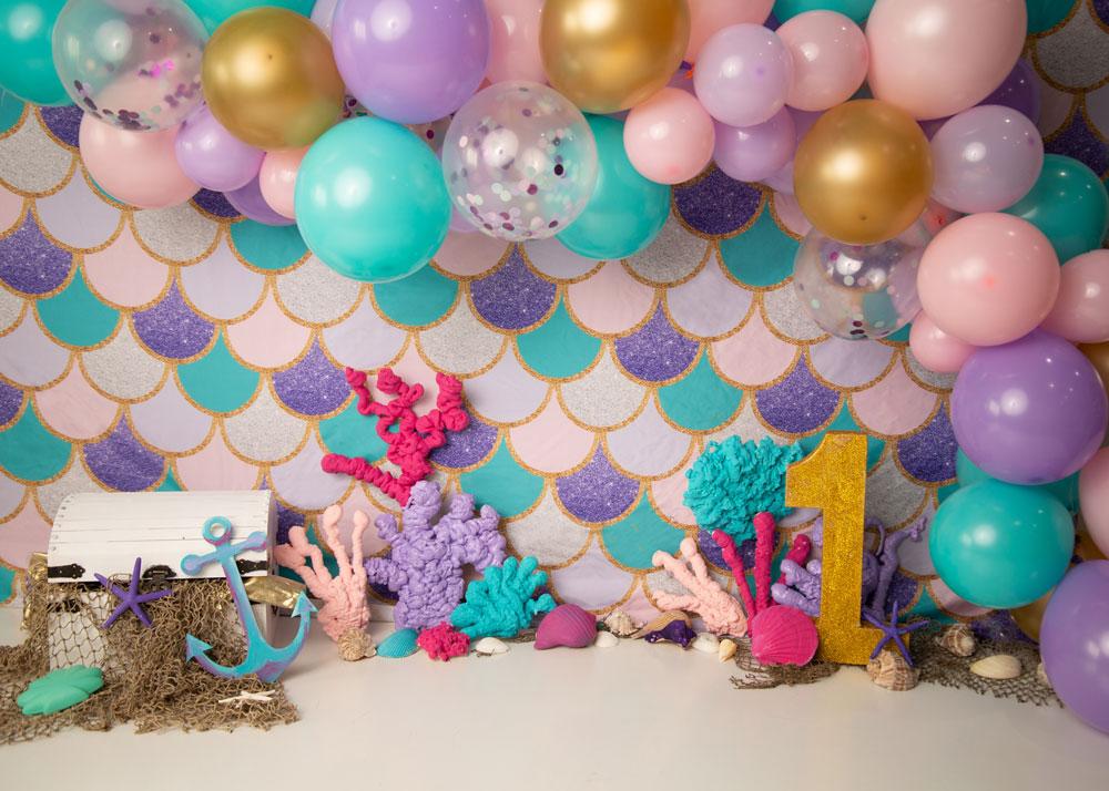 Kate Mermaid 1's Birthday Balloons Backdrop Designed by Jenna Onyia - Kate Backdrop AU