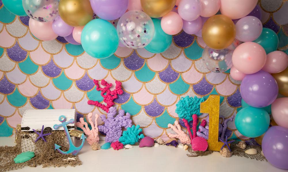 Kate Mermaid 1's Birthday Balloons Backdrop Designed by Jenna Onyia - Kate Backdrop AU