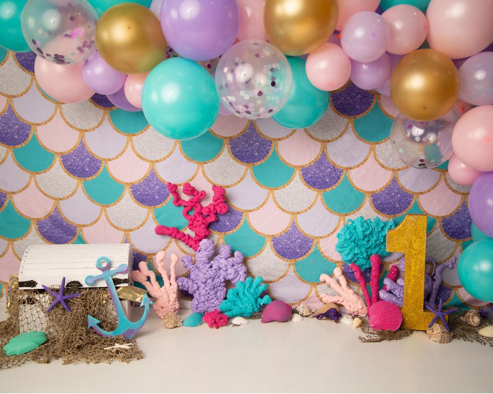 Kate Mermaid 1's Birthday Balloons Backdrop Designed by Jenna Onyia - Kate Backdrop AU