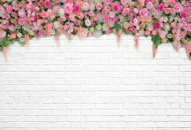 Kate Spring Colorful Flower White Brick Wall Backdrop